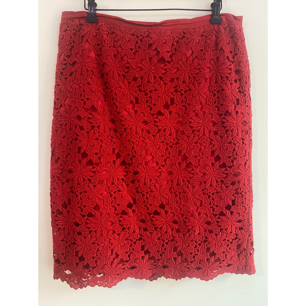Talbots Red Floral Skirt Christmas Lace Cut Out Straight Pencil Skirt Size 10